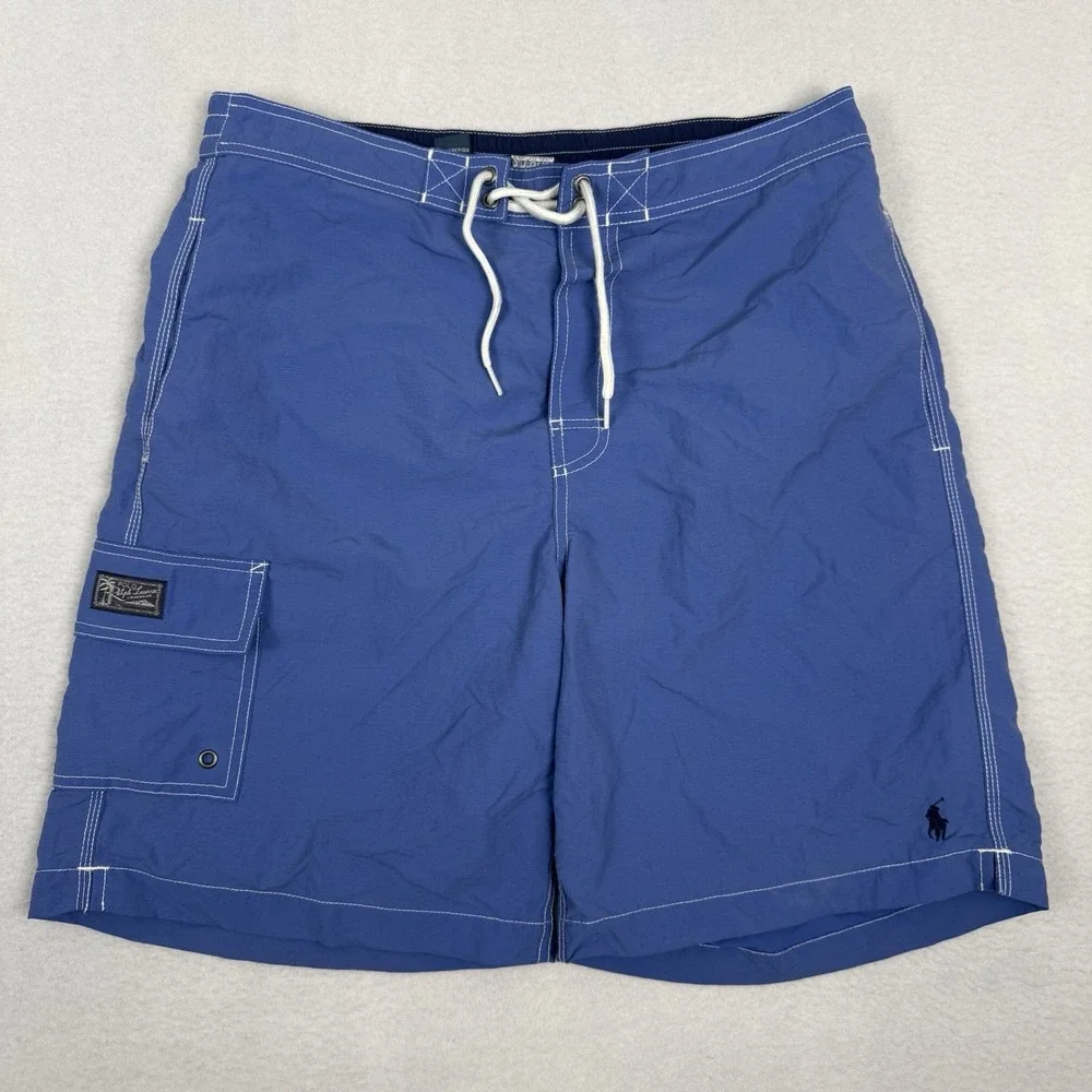 VTG 90s Polo Ralph Lauren Blue Cargo Swim Trunks Board Shorts Mens Medium‎ Mesh